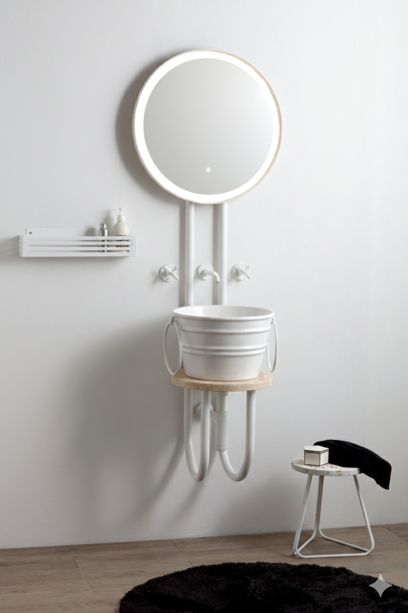 Struttura in metallo con specchio e ripiano in marmo Strapuntino